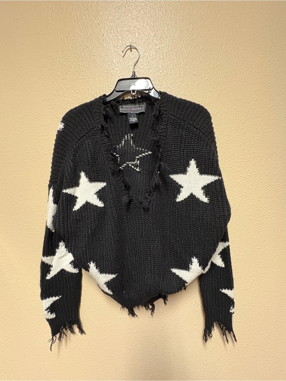 Polly & Esther Black V-Neck Star Knit Sweater with White Stars